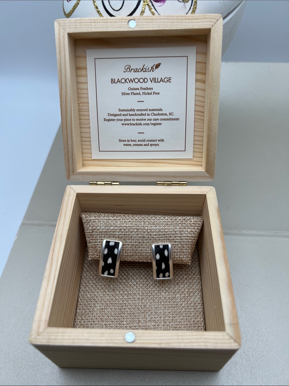Brackish Blackwood Village Guinea Feathers Silver Rectangular Stud Earrings - Picture 8 of 17